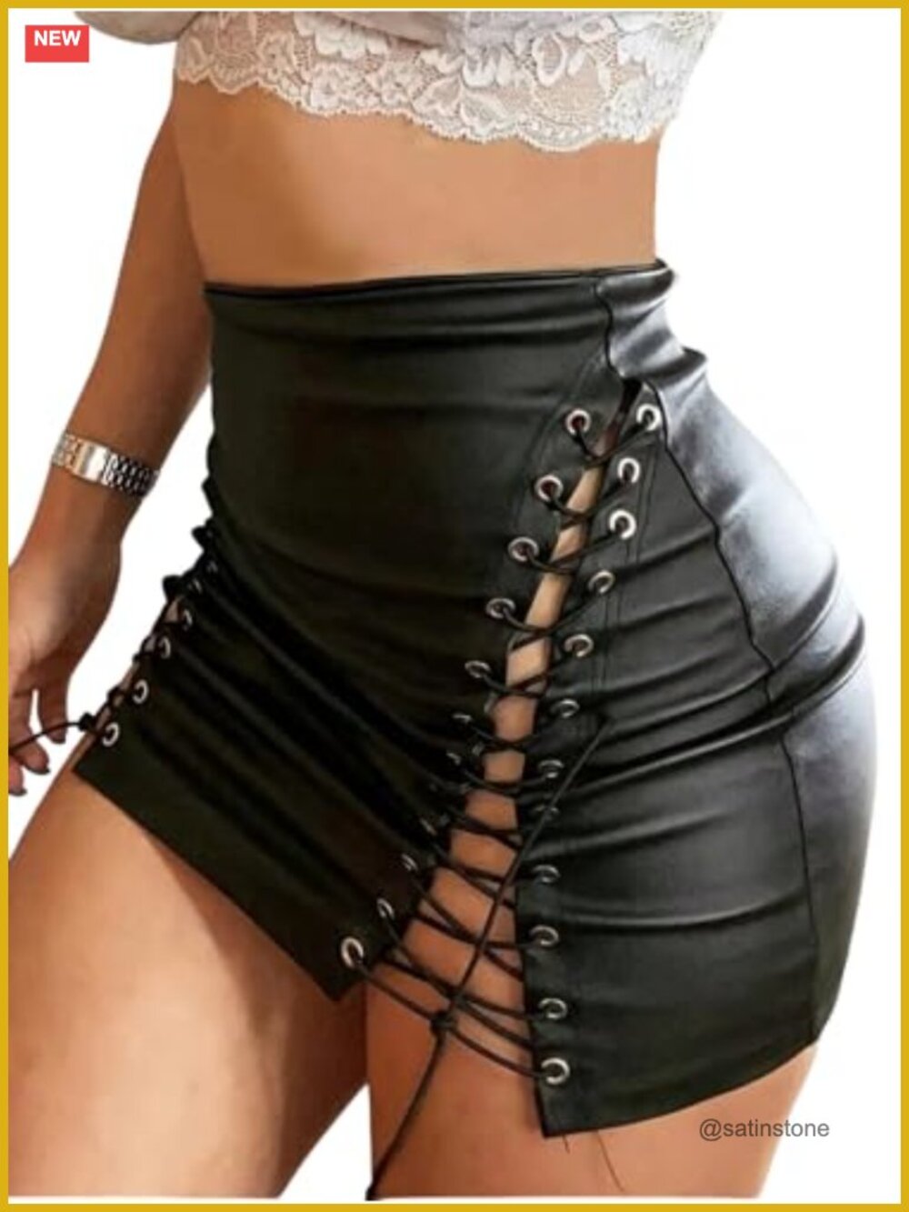 Women's Faux Leather High Rise Lace Up Bodycon Mini Skirt with Stretch